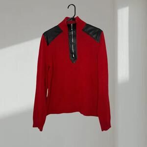 RARE Ralph Lauren Cotton Half-Zip Sweater with Leather Trim – Red (Women’s XL)
